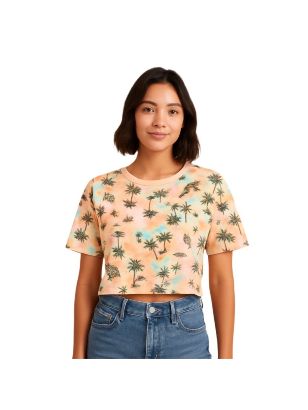 Old Navy Shirt Women's Medium Pink Tie Dye Tropical Palm Boxy Cropped Summer Tee